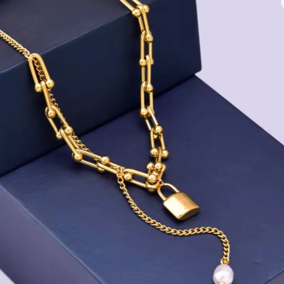 316L Stainless Steel New Fashion Fine Jewelry Lovers Lock U-Shaped Pearl Tassels - Picture 4 of 6